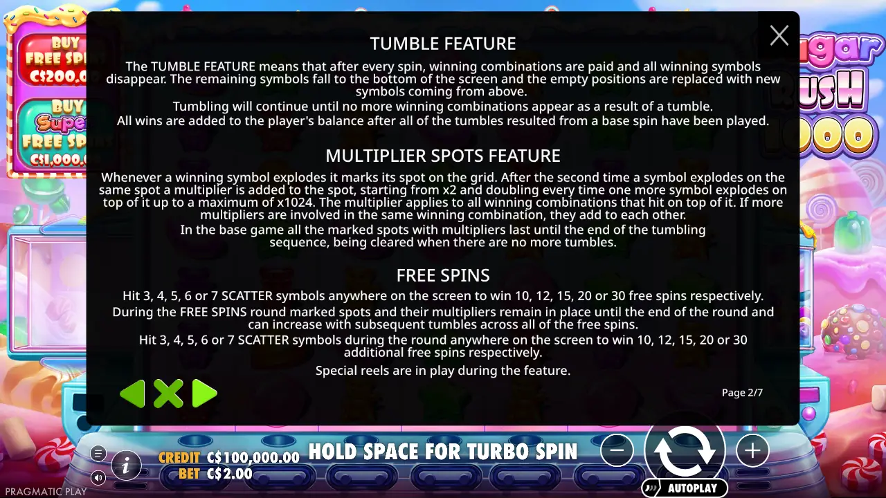Rules page 2/7 of Sugar Rush 1000: tumble, multiplier spots up to x1,024, free spins.
