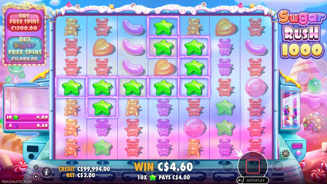 A 10-star cluster paying 2x the bet; the win box on the left lists every paid cluster.