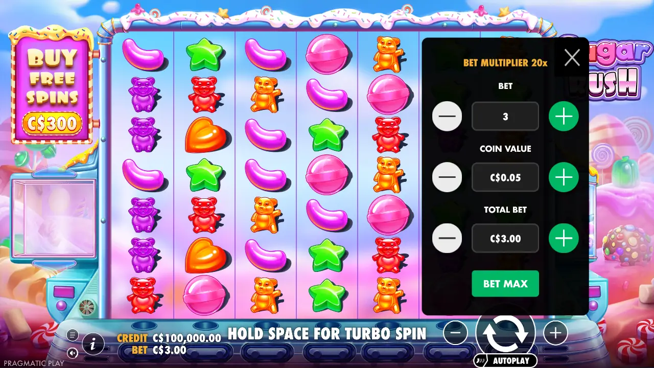 Bet menu: bet 3, coin value C$0.05, total bet C$3.00, bet multiplier 20x.