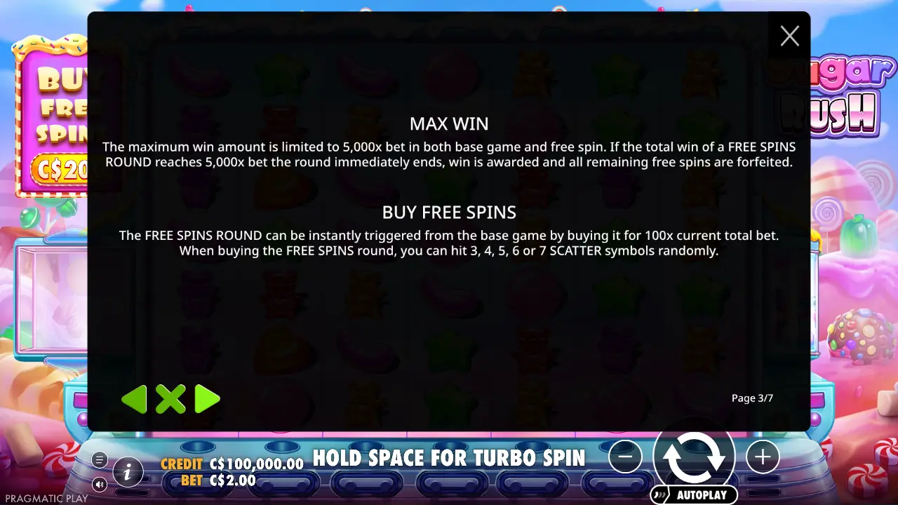 Rules page 3/7: 5,000x max win and Buy Free Spins at 100x.