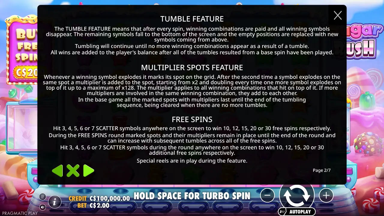 The rules pages contain the RTP line — in Sugar Rush it is on page 4 of 7.