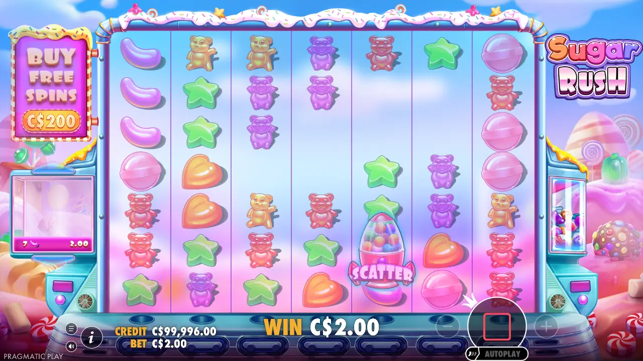 A winning spin: the cluster pays, a scatter (gumball machine) lands, and the win history appears on the left.