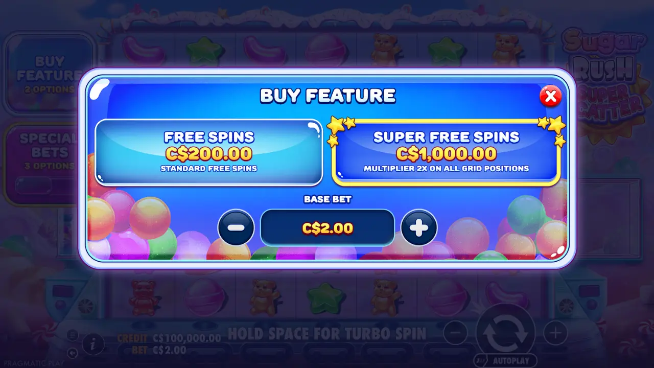 Buy Feature menu: Free Spins C$200 and Super Free Spins C$1,000 at a C$2 base bet.