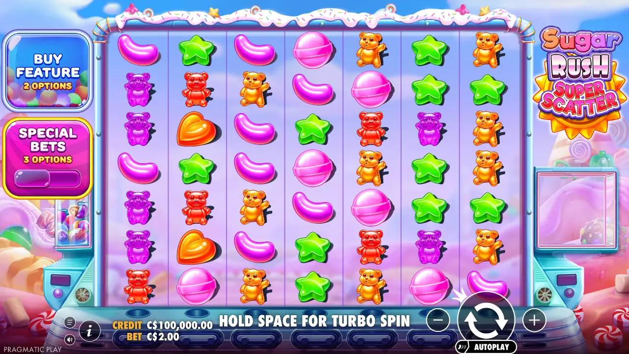 Sugar Rush Super Scatter: Buy Feature (2 options) and Special Bets (3 options) on the left.