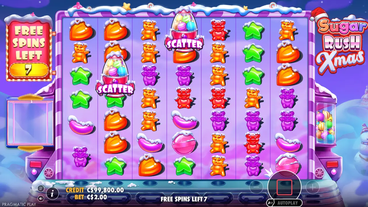Free spins in Sugar Rush Xmas (7 spins left).